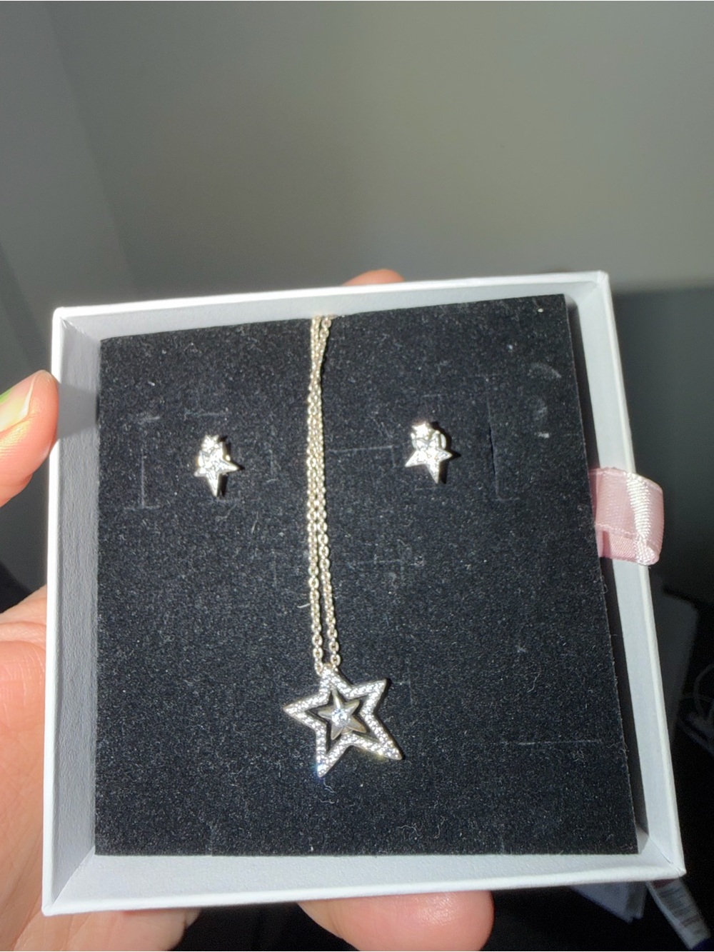 Pandora Silver Star Necklace and Stud Earrings Set
